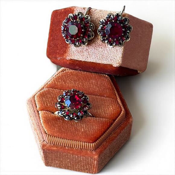 Vintage Sarah Coventry Red Rhinestone Earrings Ring Set  “Deep Burgundy” - Picture 1 of 6